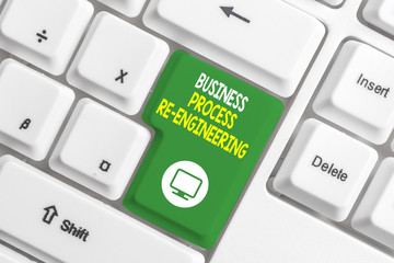 Text sign showing Business Process Re Engineering. Business photo text the analysis and design of workflows White pc keyboard with empty note paper above white background key copy space