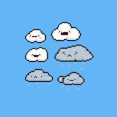 Wall Mural - Pixel art cartoon sad and happy cloud set.8bit.