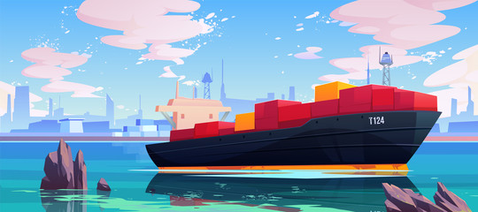 Cargo ship in sea port dock, industrial vessel with containers freight in harbor shipyard, goods import and export maritime logistic service Commercial ocean transportation Cartoon vector illustration