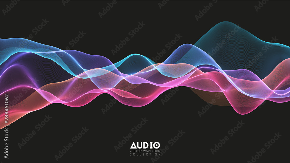 Vector 3d echo audio wavefrom spectrum. Abstract music waves oscillation graph. Futuristic sound wave visualization. Colorful glowing impulse pattern. Synthetic music technology sample. - obrazy, fototapety, plakaty 