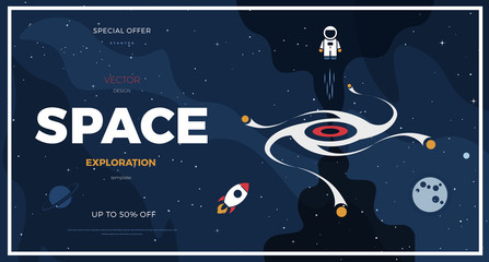 Space exploration modern illustration background design with a Black Hole in cosmos. Flat style Cute template with Astronaut, Spaceship, Rocket, Moon and Stars for poster, banner or website