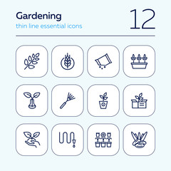 Poster - Gardening line icons. Set of line icons on white background. Hobby concept. Flowers, leaf, earth, equipment. Vector illustration can be used for topics like agriculture, hobby, gardening