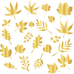 Wall Mural - Vector icon set gold foil leaves. Foliage nature leaf isolated elements. Metallic shiny golden floral design for elegant decor, invitation, wedding, celebration, cards, decor, autumn, Thanksgiving