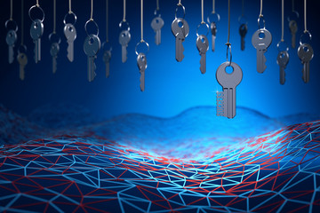 Searching of key to success, access concept, many metal keys hanging on the ropes above neural network mesh on a blue background