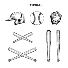 Vector Illustration Of Baseball Equipment. Set Of Drawn Sporting Goods On A White Background.