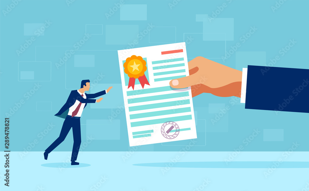 Vector of a business man receiving a course certificate diploma - obrazy, fototapety, plakaty 