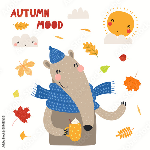 Hand drawn vector illustration of a cute anteater in hat, with hot drink cup,...