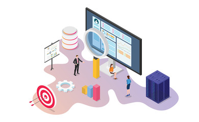 website data analysis tools with team people analyze data traffic and statistic with modern isometric style - vector
