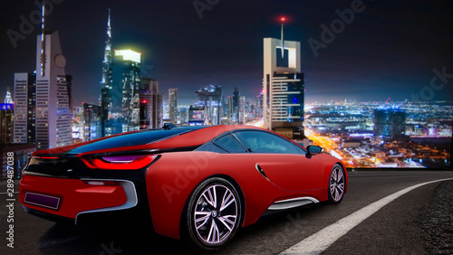 Plakaty Sporty Motorowe 3d-illustration-sportowy-samochod-na-naszej-autostradzie-na-tle-miasta-noca
