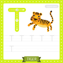 Letter T Uppercase Tracing Practice Worksheet. Jumping Tiger