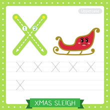 Letter X Uppercase Tracing Practice Worksheet. Xmas Sleigh