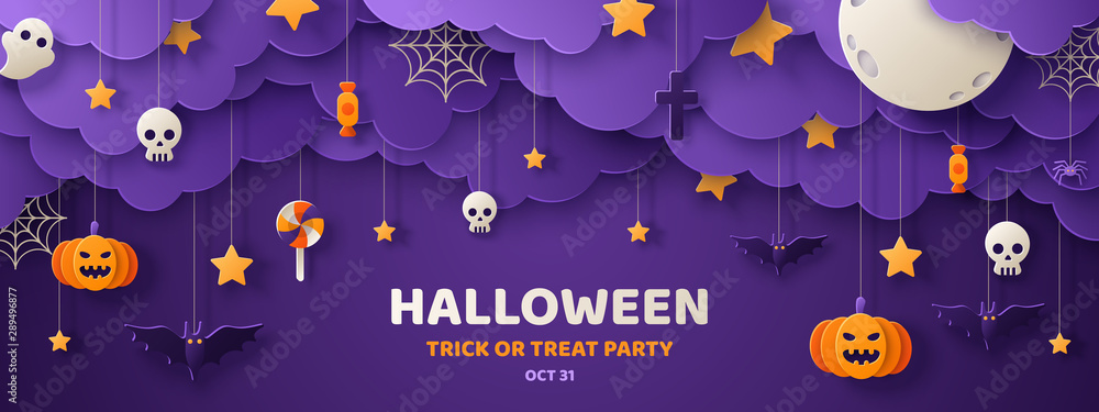 Halloween paper cut banner - obrazy, fototapety, plakaty 