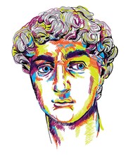 Greek Sculpture Young Man. Greek Statue Renewal, Famous Sculpture. Drawing Markers, Pop Art. Stylish Poster.