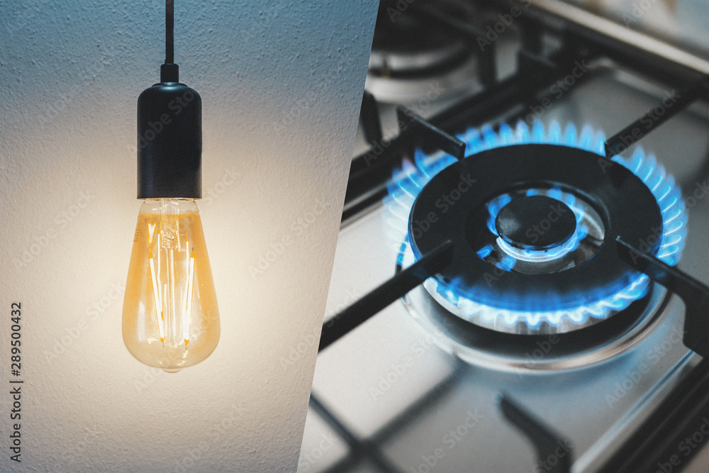 Gas stove and light bulb. Utility bills concept - obrazy, fototapety, plakaty 