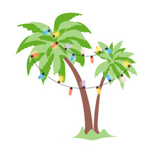 Christmas Palm Tree Decorated With Luminous Garlands. Template Of Double Tropical Palm With Fluffy And Dense Crown For New Year Holidays. Isolated Vector Illustration In Flat Style. 
