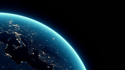 3d rendering of earth at night brighten from lights from large capital cities. view from outer space