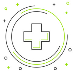 Wall Mural - Black and green line Cross hospital medical icon isolated on white background. First aid. Diagnostics symbol. Medicine and pharmacy sign. Colorful outline concept. Vector Illustration