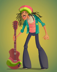 Rastafarian man with dreadlocks and guitar. Funny cartoon character. Colorful vector illustration