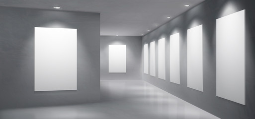 Art gallery, museum exhibition hall empty interior with painting, photography blank white, clean frames hanging on wall, illuminated round spotlight lamps from ceiling 3d realistic vector illustration
