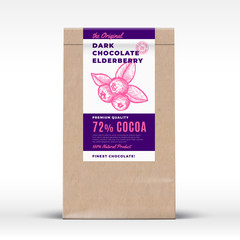 Wall Mural - The Original Dark Elderberry Chocolate. Craft Paper Bag Product Label. Abstract Vector Packaging Design Layout with Realistic Shadows. Modern Typography and Hand Drawn Berries Silhouette.