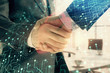 Double exposure of lock icon hologram on office background with two men handshake. Concept of data safety
