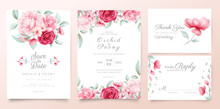 Botanic Wedding Invitation Cards Template With Watercolor Flowers And Wild Leaves