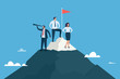 © nazarkru - Business team standing on mountain peak with winner flag. Success team work concept. Vector illustration.
