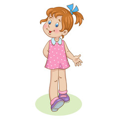 Sticker - Cute little girl in a pink dress walks. In cartoon style. Isolated on a white background.