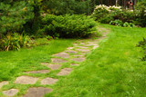 Fototapeta Lawenda - lawn among decorative bushes with a path made of stone slabs