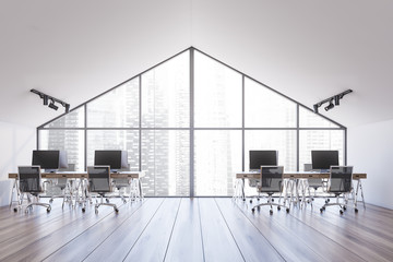 Spacious white attic office interior