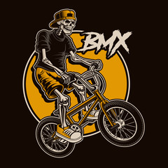 illustration with a skeleton is jumping on bmx bike.