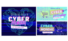 Cyber Monday Background With Glitch Effect. Promo Sale Horizontal Banner Design. Abstract Vector Illustration With Geometric Shape. Virtual Shopping Cart Neon Colors Background, Can Be Used For Advert