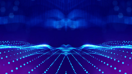 Wall Mural - 3d rendering background of glowing particles that form curved lines and 3d surfaces, grid with depth