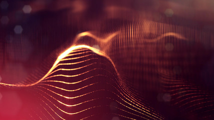 Wall Mural - 3d rendering background of glowing particles that form curved lines and 3d surfaces, grid with depth