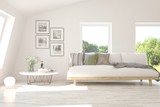 Fototapeta Panele - Stylish room in white color with sofa. Scandinavian interior design. 3D illustration