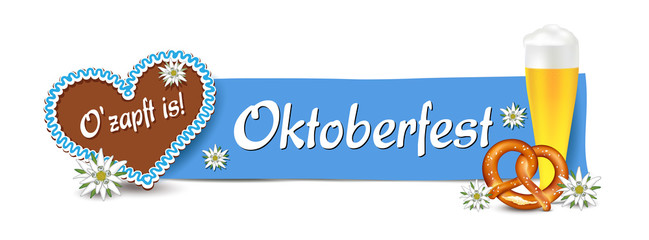 Wall Mural - Oktoberfest Banner, Lebkuchen Herz mit Bier, Brezel und Edelweiss,  Vektor Illustration isoliert auf weißem Hintergrund