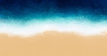 Aerial View Beach By Watercolor Brush Painting In Brown Sand And Blue Green Sea Wave For Backgrounds Or Banner In Concept Relax, Vacation, Holiday Or Summer.