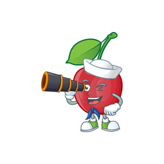 Wall Mural - Sailor with binocular bing cherries sweet in character mascot shape.