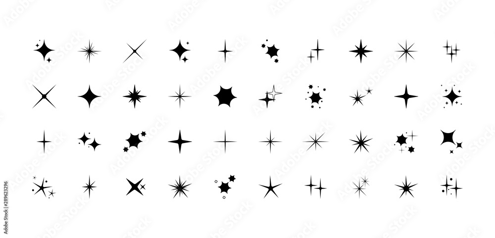 Vector set of different black sparkles icons. Collection of star sparkles symbol. Design on white background. - obrazy, fototapety, plakaty 