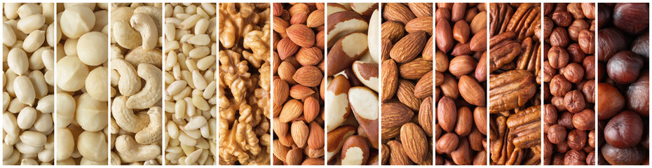 Wall Mural - collage of peeled nuts and seeds, top view. various healthy food background