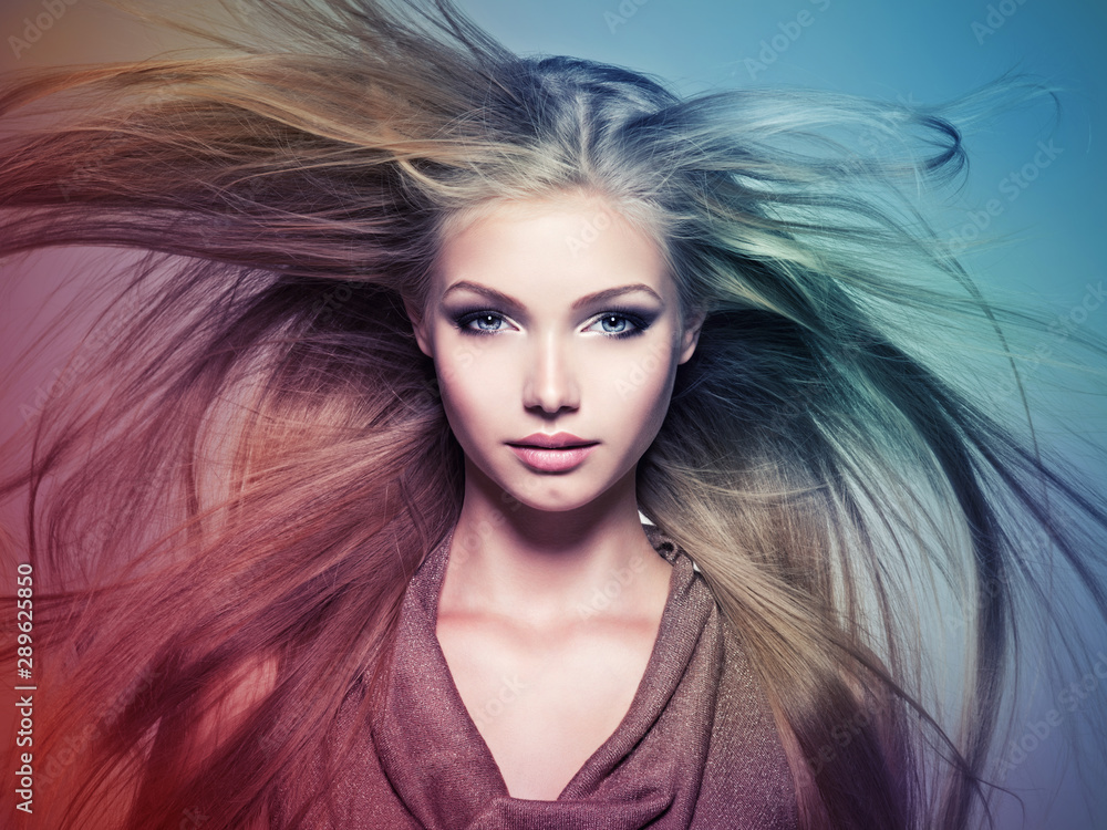 Beautiful young woman with long straight white hair - obrazy, fototapety, plakaty 