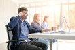 © Sun13 - Call Center Service. Photo of customer support or sales agent.  Help line answering and telemarketing. Male caller or receptionist phone operator.Copy space for some text, advertising or slogan.