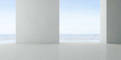 Poster - Abstract of concrete interior with sun light cast the shadow on the floor ,Geometric structure design,Museum space on sea view background, Perspective of brutalism  architecture,3d rendering	