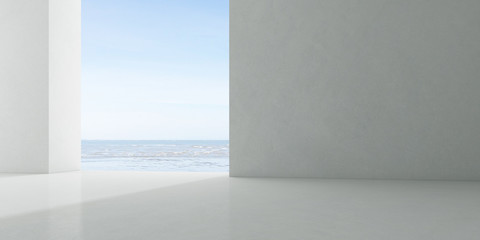 Fototapete - Abstract of concrete interior with sun light cast the shadow on the floor ,Geometric structure design,Museum space on sea view background, Perspective of brutalism  architecture,3d rendering	