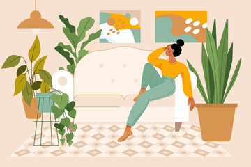 Wall Mural - vector illustration in flat simple style with female character - crazy plant lady, modern poster or 