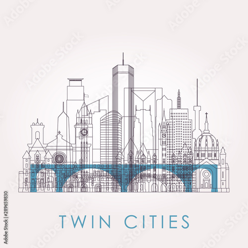 Cuadros en Lienzo Outline Twin cities skyline with landmarks