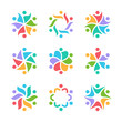 Happy people, team, group and family logo design. Social relationship, friendship, cooperation and unity symbols. Six abstract persons