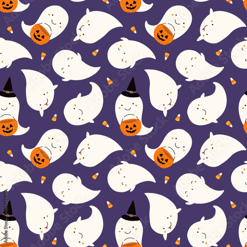 Hand drawn seamless vector pattern with cute ghosts, pumpkins, corn candy, on...