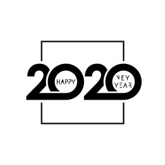 Wall Mural - 2020 happy new year logo design. Vector illustration with black holiday label isolated on white background. Xmas card, Christmas sale banner or class of 2020 graduates poster