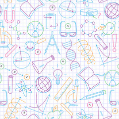 Wall Mural - Seamless pattern on the theme of science and inventions, diagrams, charts, and equipment,a simple contour icons,painted with colored markers on a light background in a cage